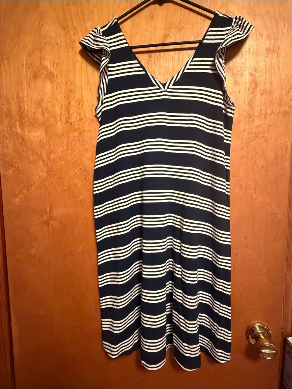 LOFT Navy and White Striped V-Neck Midi Dress with Cap Sleeves